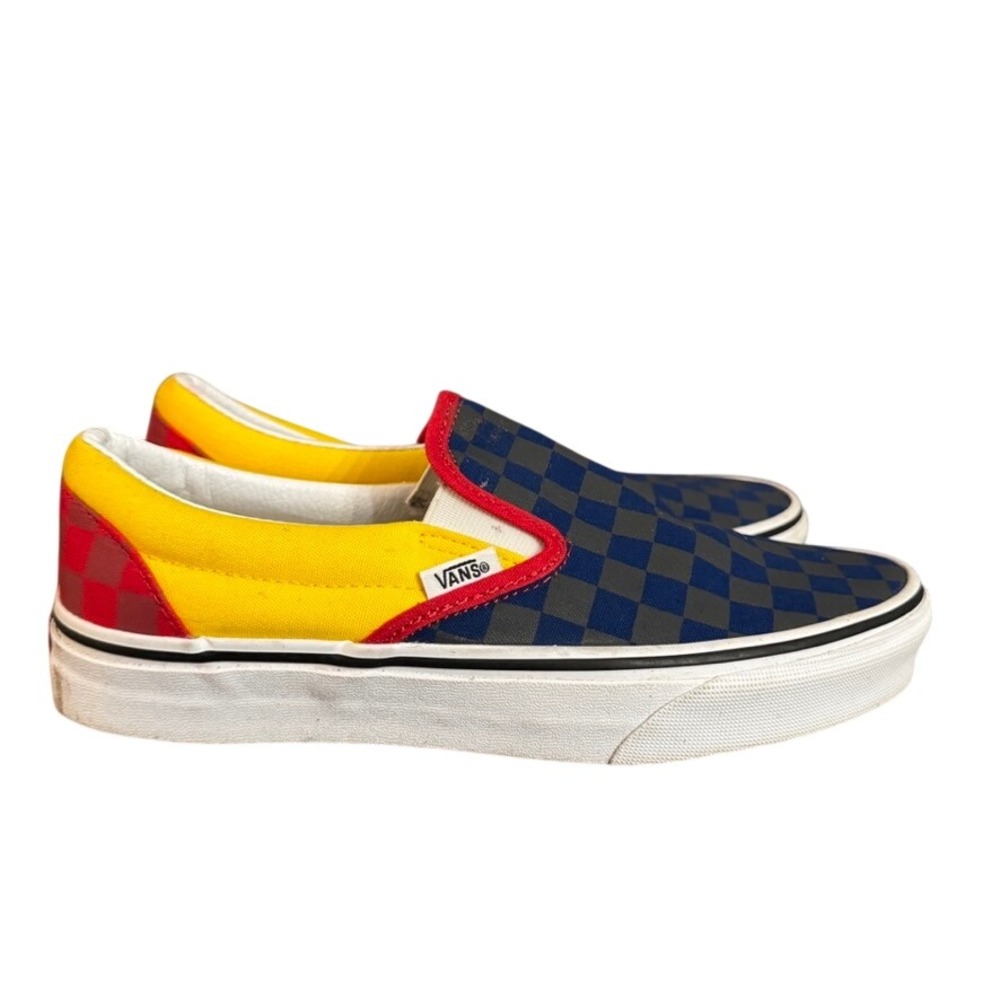 Vans Classic Slip-On Colorblock Checkerboard Blue Yellow Red Sneakers Womens 7.5